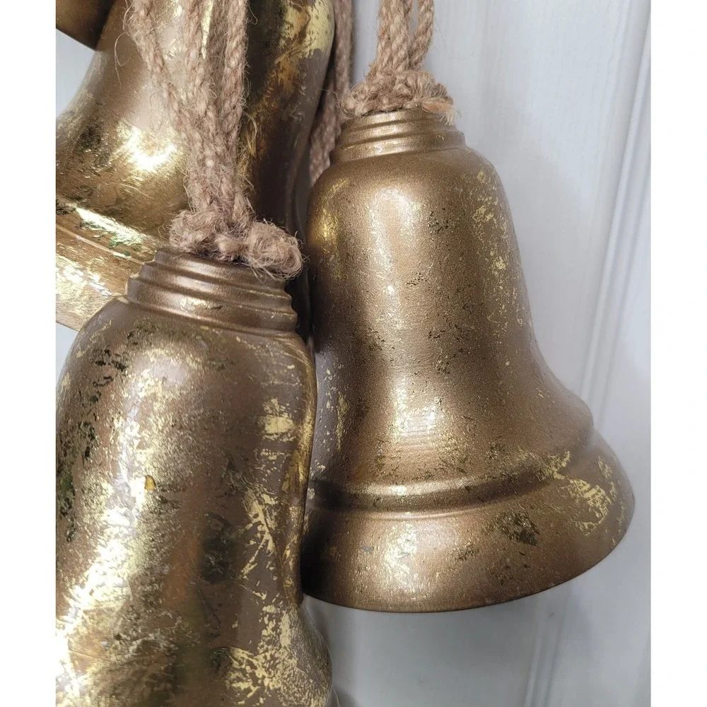 Rustic 5 Hanging Bells Gold Metal Bells w/ Jute Rope‎ Distressed Holidays Decor